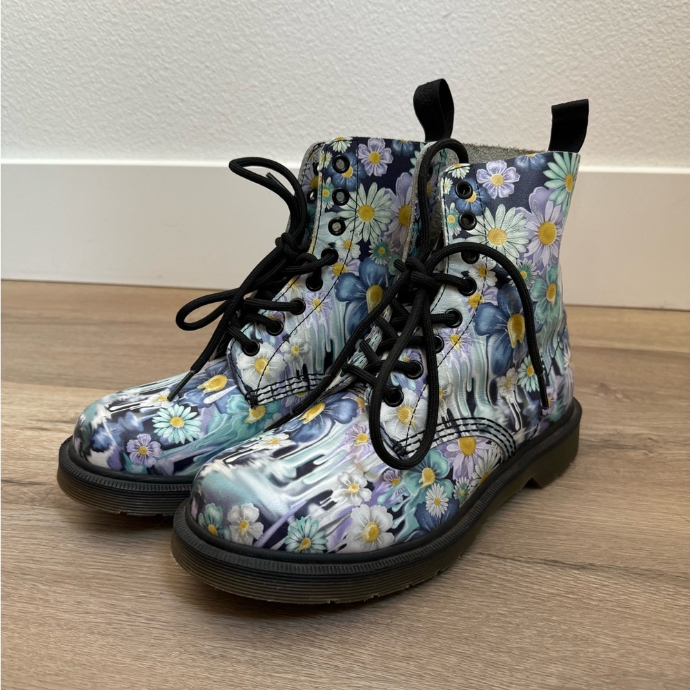 Dr. Martens Floral Combat Boots - Black and Multicolor